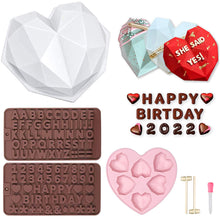 Load image into Gallery viewer, Large Silicone Diamond Heart Numbers Letters Alphabet Cake Mold Set Chocolate Fondant Cake Decoration Baking Tool Mousse Cake Dessert Candy Pastry Baking Accessories