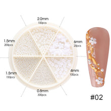 Load image into Gallery viewer, 6 Grids/box Steel Ball White Flower Pearl Mixed Nail Art Jewelry Nail Decoration Nail Art DIY Nail Accessories