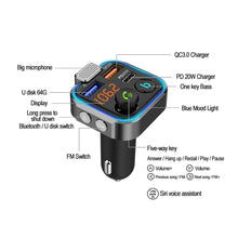 Load image into Gallery viewer, Car MP3 Player Bluetooth 5.0 FM Transmitter One Key Bass Microphone Handsfree Music Play USB QC3.0 PD 20W Quick Charger