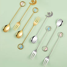 Load image into Gallery viewer, 304 Stainless Steel Coffee Tea Spoon Dessert Cake Fork Moon Star Pendant Coffee Milk Mixing Spoon Fruit Fork Tableware