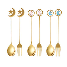 Load image into Gallery viewer, 304 Stainless Steel Coffee Tea Spoon Dessert Cake Fork Moon Star Pendant Coffee Milk Mixing Spoon Fruit Fork Tableware