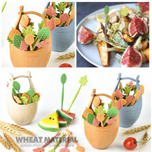 Load image into Gallery viewer, 16pcs/set Biodegradable Fruit Fork Bucket Leaves Shape Dessert Forks Snack Food Picks Salad Vegetable Kids Lunch Accessories