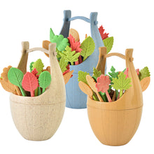 Load image into Gallery viewer, 16pcs/set Biodegradable Fruit Fork Bucket Leaves Shape Dessert Forks Snack Food Picks Salad Vegetable Kids Lunch Accessories