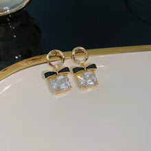 Load image into Gallery viewer, Korean Elegance Silver Needle Square Diamond Rhinestone Bow Earrings for Women Jewelry