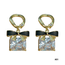 Load image into Gallery viewer, Korean Elegance Silver Needle Square Diamond Rhinestone Bow Earrings for Women Jewelry