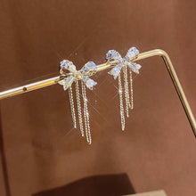 Load image into Gallery viewer, Women Rhinestone Bow Earrings Long Tassel Earring Silver Needle