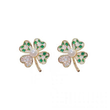 Load image into Gallery viewer, Silver Needle Four-leaf Clover Flower Rhinestone Pearl Earrings for Women Jewelry Gift