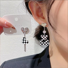 Load image into Gallery viewer, Women Rhinestone Love Heart Earrings Korean Checkerboard Bear Earring