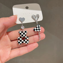 Load image into Gallery viewer, Women Rhinestone Love Heart Earrings Korean Checkerboard Bear Earring
