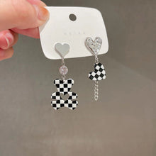 Load image into Gallery viewer, Women Rhinestone Love Heart Earrings Korean Checkerboard Bear Earring