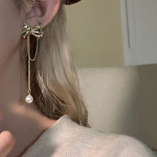 Load image into Gallery viewer, Korea Women Pearl Bow Long Tassel Earrings Fairy Pearl Pendant Earring
