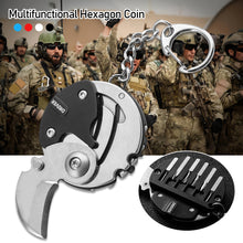 Load image into Gallery viewer, Multifunctional Keychain Hexagon Coin Knife Folding Mini Pocket Screwdriver Cutter Opener Scale Ruler Nail Clipper Outdoor Tool