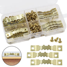 Load image into Gallery viewer, 100Sets Gold Saw Tooth Hangers for Wood Frame Canvas Picture Frame Hanging Hooks with Screws Sawtooth Hangers 45*8mm DIY Hardware Tools