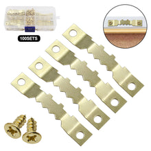 Load image into Gallery viewer, 100Sets Gold Saw Tooth Hangers for Wood Frame Canvas Picture Frame Hanging Hooks with Screws Sawtooth Hangers 45*8mm DIY Hardware Tools