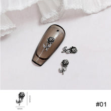 Load image into Gallery viewer, 10pcs Metal Rose Nail Ornaments Retro Dark Style Three-dimensional Rose Ancient Silver Nail Ornaments Nail Art Decoration