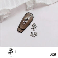 Load image into Gallery viewer, 10pcs Metal Rose Nail Ornaments Retro Dark Style Three-dimensional Rose Ancient Silver Nail Ornaments Nail Art Decoration