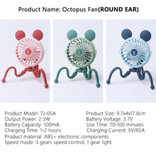 Load image into Gallery viewer, USB Chargeable Fan Baby Stroller Bed Fan Mute Retractable Fan with Clip Variable Portable Octopus Mini Fan Office Desktop Fan