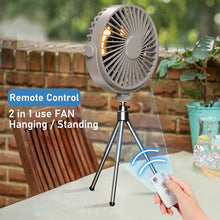 Load image into Gallery viewer, Multifunction Eletric Fan Appliance with Control USB Chargeable Tripod Stand Desk Fan with Light Outdoor Camping Ceiling Fan