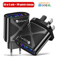Load image into Gallery viewer, 36W PD+QC3.0 2.4A Mobile Phone Charger European American Fast Charging 3USB with PD Charging Adapter