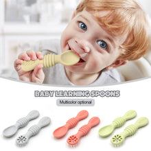 Load image into Gallery viewer, 2pcs/Set Baby Feeding Training Spoons Utensils Set Toddler Leaning Eating Tableware Baby Silicone Teether Toys Feeding Scoop Training