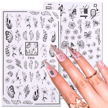 Load image into Gallery viewer, Nail Stickers Black Line Willow Leaf Butterfly Floral Leaf Nail Stickers Nail Art Decoration Manicure Accessories