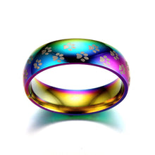 Load image into Gallery viewer, 6mm Rainbow Colorful Ring with Paw Printing Titanium Steel Wedding Band Ring Wide Gay Pride Jewelry for Men Women