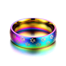 Load image into Gallery viewer, 6mm Rainbow Colorful Ring with Paw Printing Titanium Steel Wedding Band Ring Wide Gay Pride Jewelry for Men Women