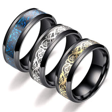 Load image into Gallery viewer, 8mm Stainless Steel Titanium Ring Celtic Dragon Rings 7 Colors Inlay Red Blue Black Carbon Fiber Ring Wedding Band Jewelry for Men Women Size 6-13