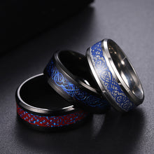Load image into Gallery viewer, 8mm Stainless Steel Titanium Ring Celtic Dragon Rings 7 Colors Inlay Red Blue Black Carbon Fiber Ring Wedding Band Jewelry for Men Women Size 6-13