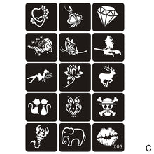 Load image into Gallery viewer, 15pcs/sheet Simple Tattoo Stencils Women Girls Kids Arm Back Neck Templates Cartoon Airbrush Paint Templates Decal
