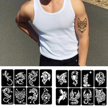 Load image into Gallery viewer, 8pcs/sheet Medium Size Arm Tattoo Stencils Men Back Tiger Drgon Templates Body Art Showing Airbrush Paint Templates Decal