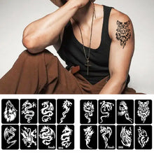Load image into Gallery viewer, 8pcs/sheet Medium Size Arm Tattoo Stencils Men Back Tiger Drgon Templates Body Art Showing Airbrush Paint Templates Decal