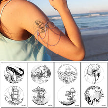 Load image into Gallery viewer, Literary Tattoo Stickers Black White Mountains Forest Whale Tattoo Stickers Waterproof Long Lasting Body Art Tattoo Stickers