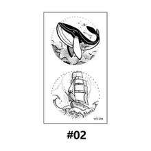 Load image into Gallery viewer, Literary Tattoo Stickers Black White Mountains Forest Whale Tattoo Stickers Waterproof Long Lasting Body Art Tattoo Stickers