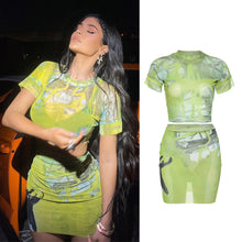Load image into Gallery viewer, Women Two-piece Round Neck Short-sleeved Crop Mesh T-shirt Green Print High Waist Slim Tight Skirt Suit
