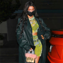 Load image into Gallery viewer, Women Two-piece Round Neck Short-sleeved Crop Mesh T-shirt Green Print High Waist Slim Tight Skirt Suit