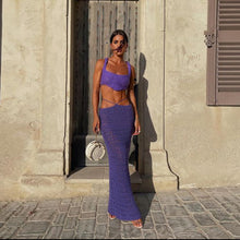 Load image into Gallery viewer, Fashion Solid Color Suspenders Outfit Hollow Mesh Women Slim Vest Sexy Low Waist Long Skirt Suit