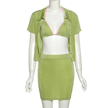 Load image into Gallery viewer, Summer Women Three-piece Set Short-sleeved Cardigan Camisole Suspenders High Waist Skirt Solid Color Outfit