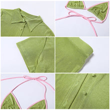 Load image into Gallery viewer, Summer Women Three-piece Set Short-sleeved Cardigan Camisole Suspenders High Waist Skirt Solid Color Outfit