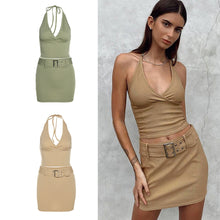Load image into Gallery viewer, Solid Color Women Halter Neck Outfit Spring Summer Backless V-neck Vest High Waist Belt Tight Skirt Two-piece Suit