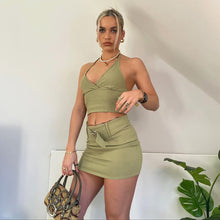 Load image into Gallery viewer, Solid Color Women Halter Neck Outfit Spring Summer Backless V-neck Vest High Waist Belt Tight Skirt Two-piece Suit
