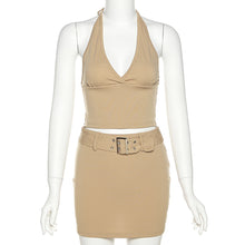Load image into Gallery viewer, Solid Color Women Halter Neck Outfit Spring Summer Backless V-neck Vest High Waist Belt Tight Skirt Two-piece Suit