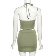 Load image into Gallery viewer, Solid Color Women Halter Neck Outfit Spring Summer Backless V-neck Vest High Waist Belt Tight Skirt Two-piece Suit