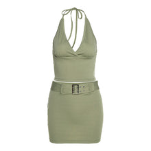 Load image into Gallery viewer, Solid Color Women Halter Neck Outfit Spring Summer Backless V-neck Vest High Waist Belt Tight Skirt Two-piece Suit