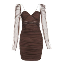 Load image into Gallery viewer, Daily Leisure Mesh Long Sleeve Square Neck Fashion Elegant Women Slim Pleated Tight Hollow Waist Brown Long Dress
