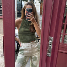 Load image into Gallery viewer, Round Neck Sleeveless Smocked Slim Women Top Summer Fashion Pleated Halter Neck Solid Color T-shirt