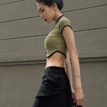 Load image into Gallery viewer, Chinese Style Retro Round Neck Short Sleeve Crop Top Hollow Slim Fit Fashion Women Vintage T-shirt