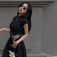 Load image into Gallery viewer, Chinese Style Retro Round Neck Short Sleeve Crop Top Hollow Slim Fit Fashion Women Vintage T-shirt