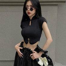 Load image into Gallery viewer, Chinese Style Retro Round Neck Short Sleeve Crop Top Hollow Slim Fit Fashion Women Vintage T-shirt