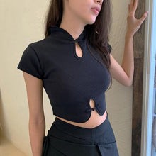 Load image into Gallery viewer, Chinese Style Retro Round Neck Short Sleeve Crop Top Hollow Slim Fit Fashion Women Vintage T-shirt